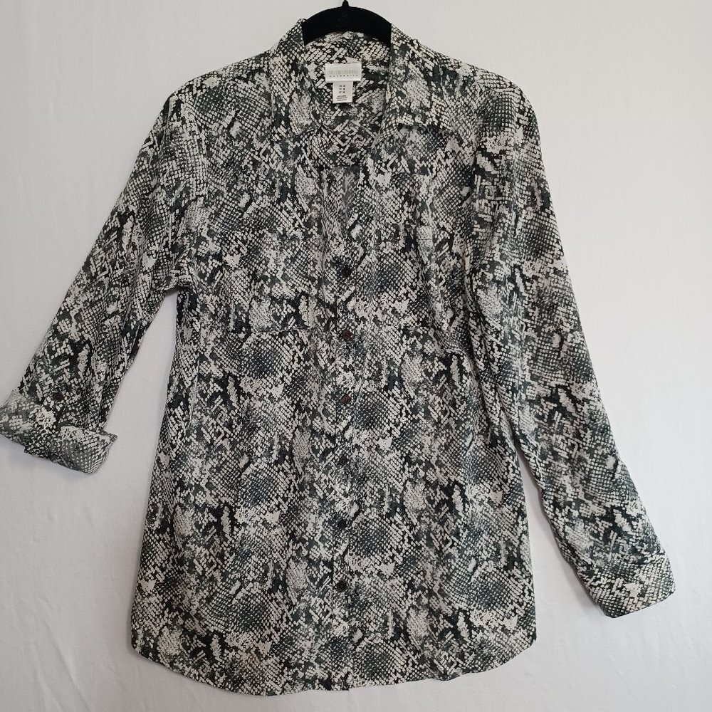 Motherhood Maternity Blouse Snake Print Gray Reptile Button Up Womens Medium